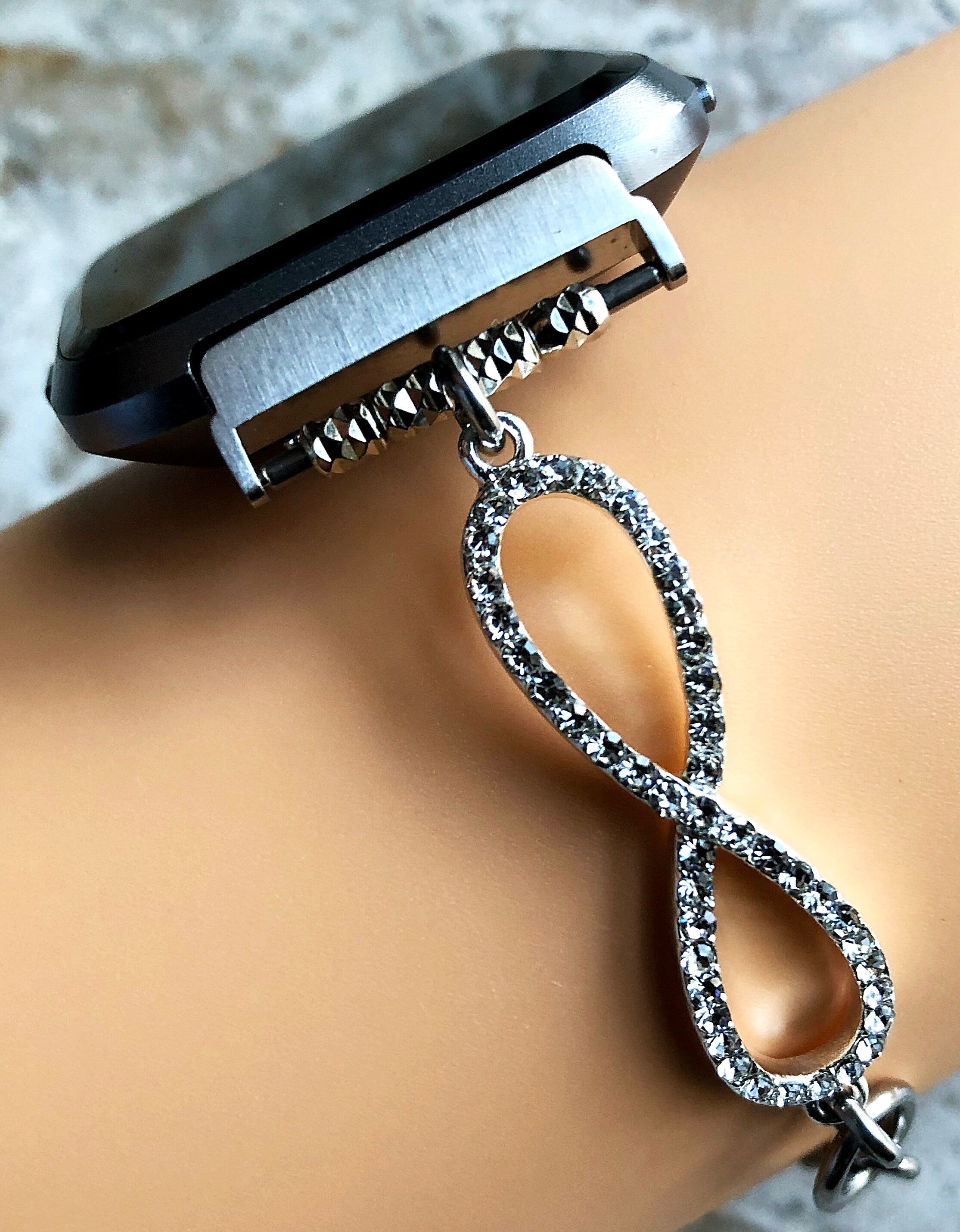 Versa 2 3 4 Sense 2 Infinity Symbols w Crystals Bracelet for Fitbit Smartwatch Band Tarnish Resistant Silver Color Stainless Steel & Brass